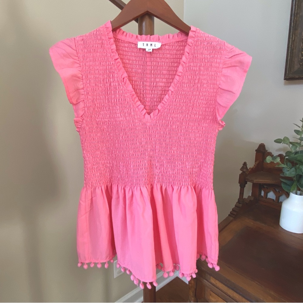 THML Coral Smocked Pom Pom Top